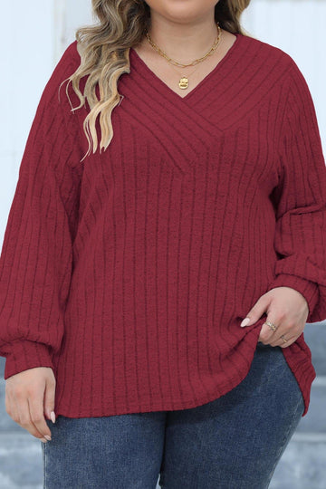 Woochic Haut grande taille col en V rayures manches lanternes rouge 1 XL